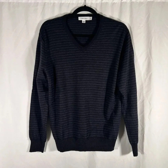 Calvin Klein Wool Blend Sweater Men Large Black Striped Vneck Long Sleeve Merino - Picture 1 of 8
